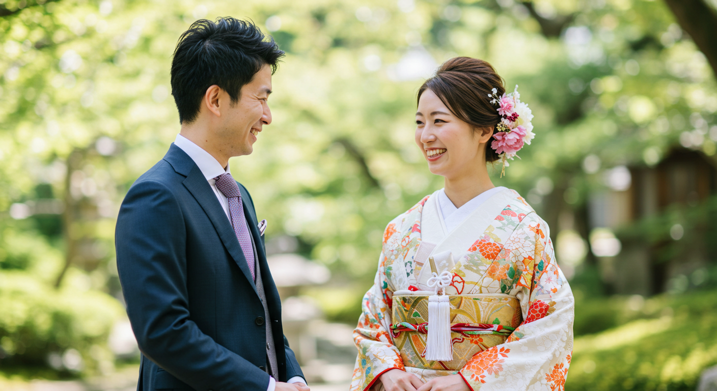 ウェディングドレス姿でブーケを持つ笑顔の女性